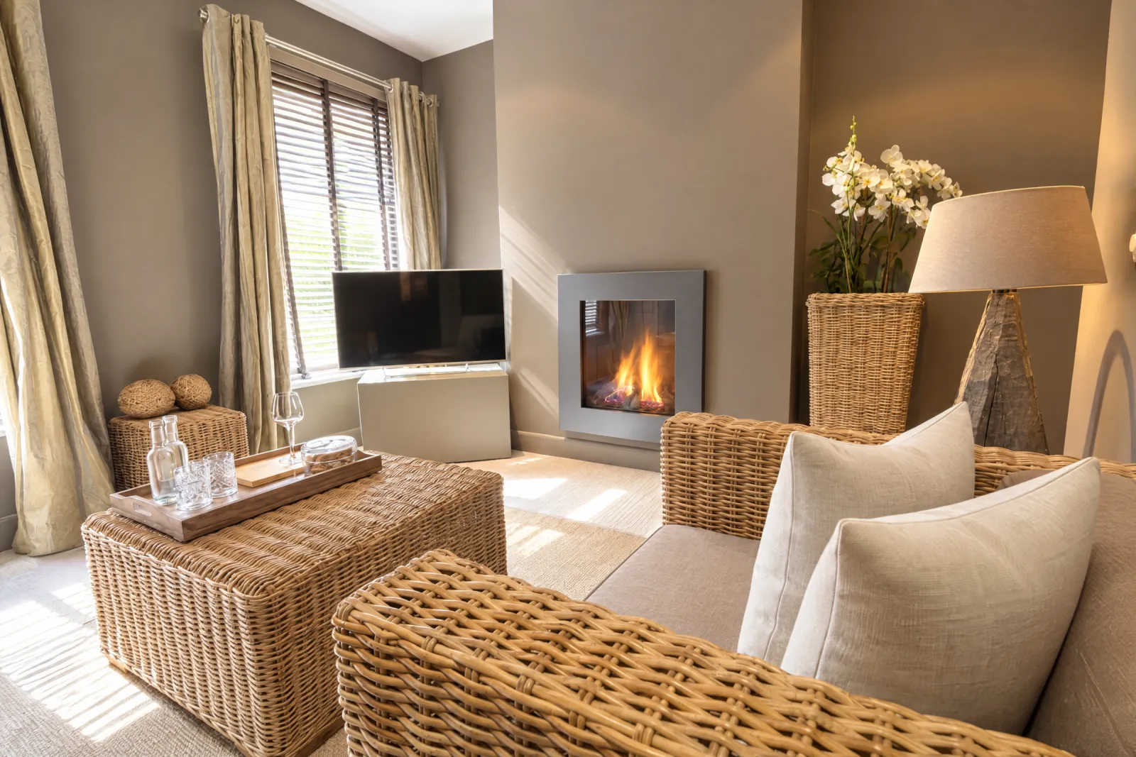Rieten bank, gashaard en televisie in de zonnige Rattan Suite