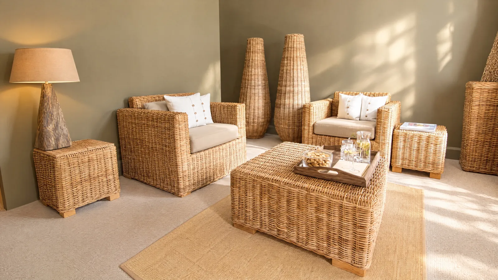 Zithoek met rieten fauteuils, rieten salontafel en hoge rieten vazen in de Rattan Suite