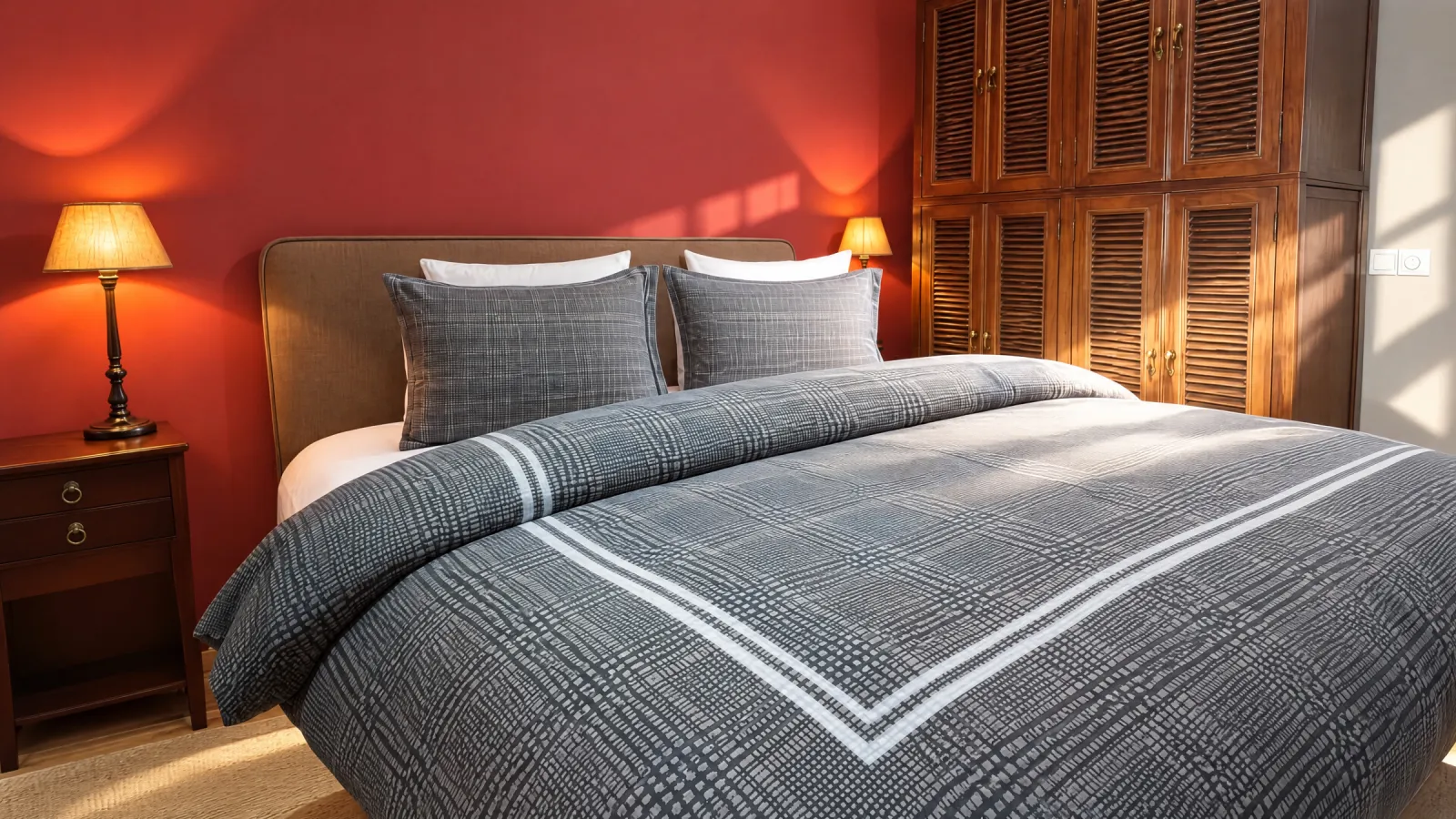 Slaapkamer met rode wand, grijs geruit dekbed en rode lampjes