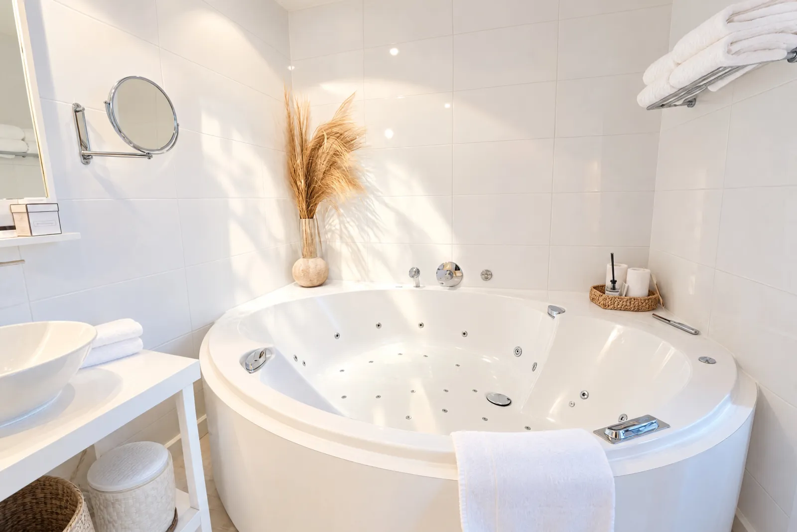 Rond bubbelbad in de lichte badkamer van de Deluxe Suite, met pampasgras